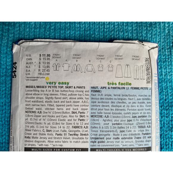Butterick 5424 skirt top pants pattern - Picture 4 of 7